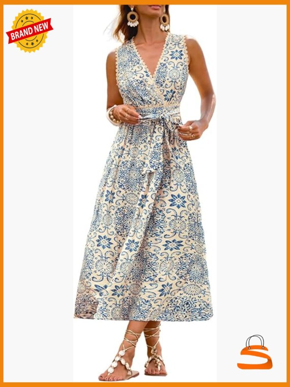 Women's Paisley Maxi Sundress Sleeveless V Neck Lace Trim Beach Belted Flowy